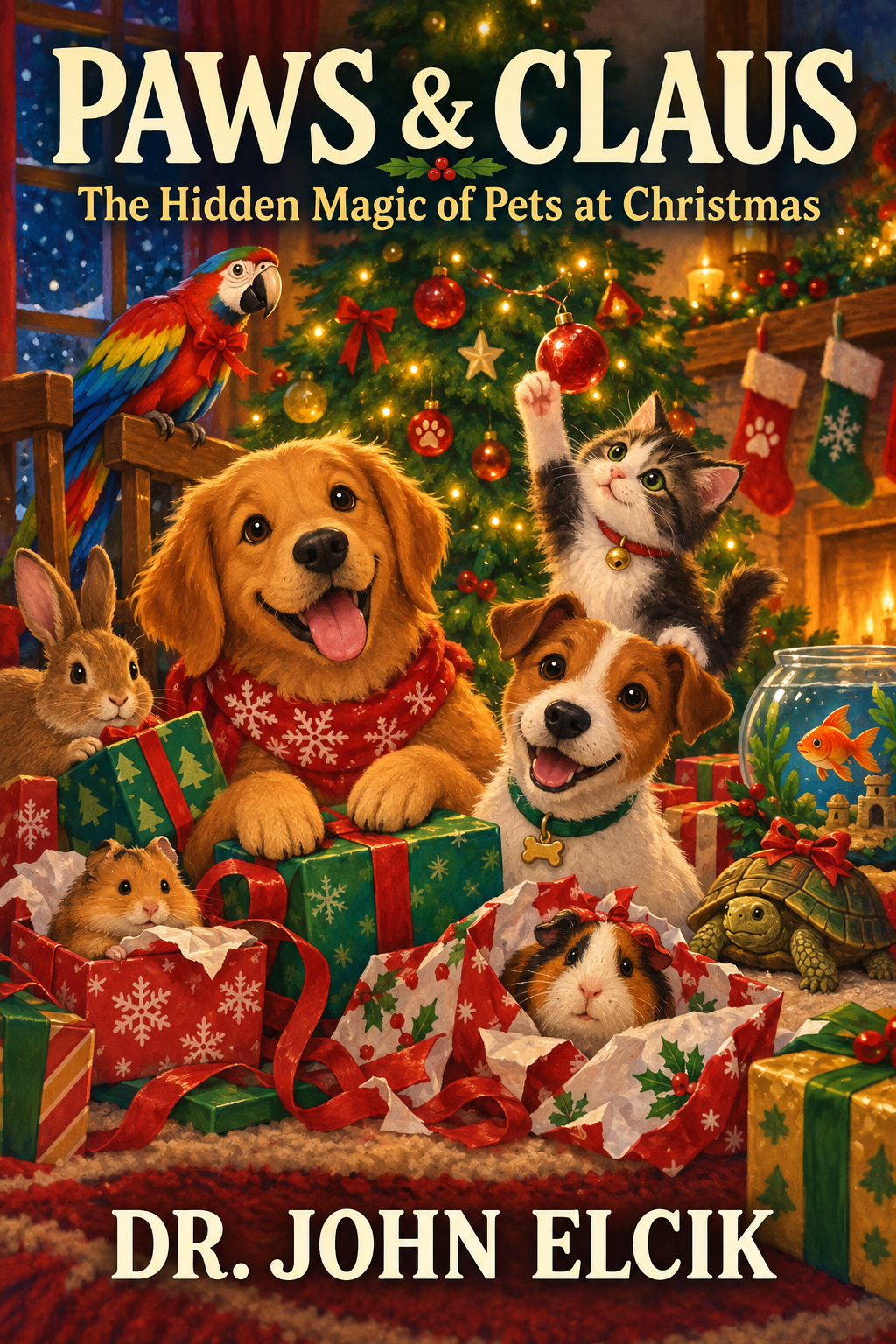 Paws & Claus: The Hidden Magic of Pets at Christmas by Dr. John Elcik. Original cover showing household pets gathered around Christmas presents and a glowing tree.